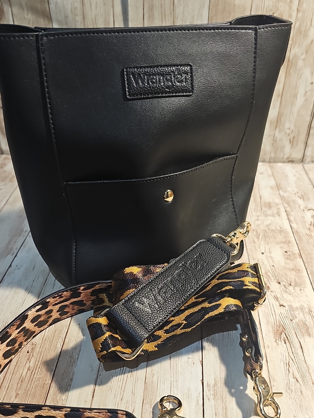 Wrangler Black Tote with Leopard-Print Strap